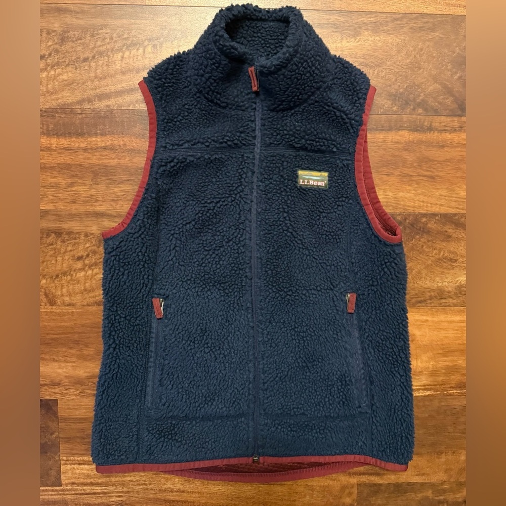 LL BEAN Mens Mountain Pile Sherpa Fleece Zip Vest Navy Blue Small